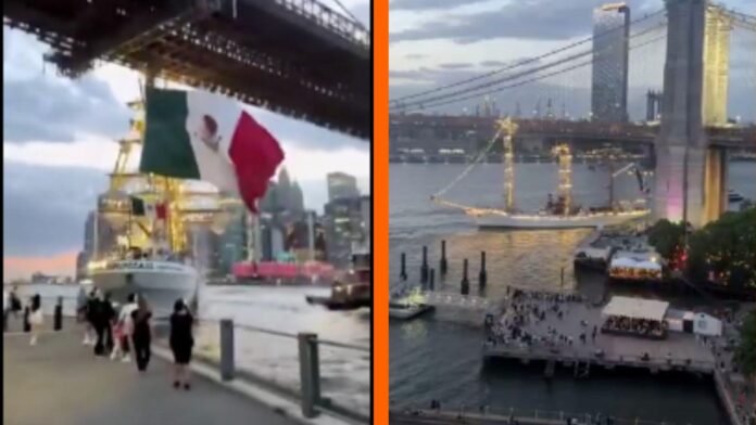 Se estampa Buque Escuela de la Armada de México contra puente de Brooklyn en Nueva York