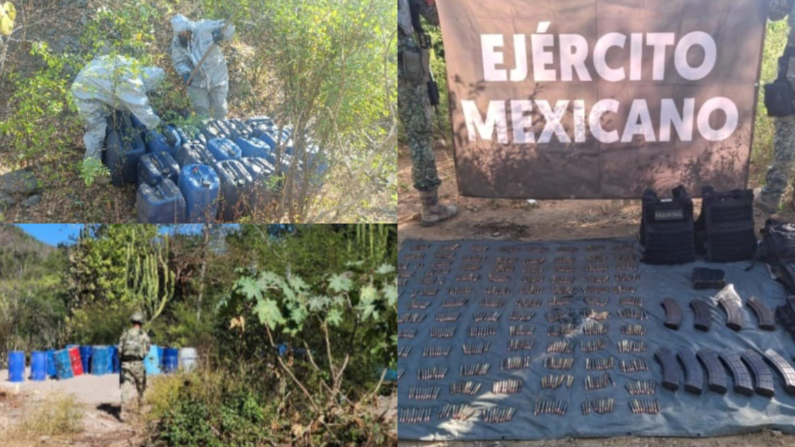 Aseguran casi 20 mil litros de precursores químicos en Culiacán y Cosalá; localizan campamento en Concordia